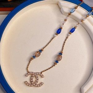 chanel pearl blue beads necklace